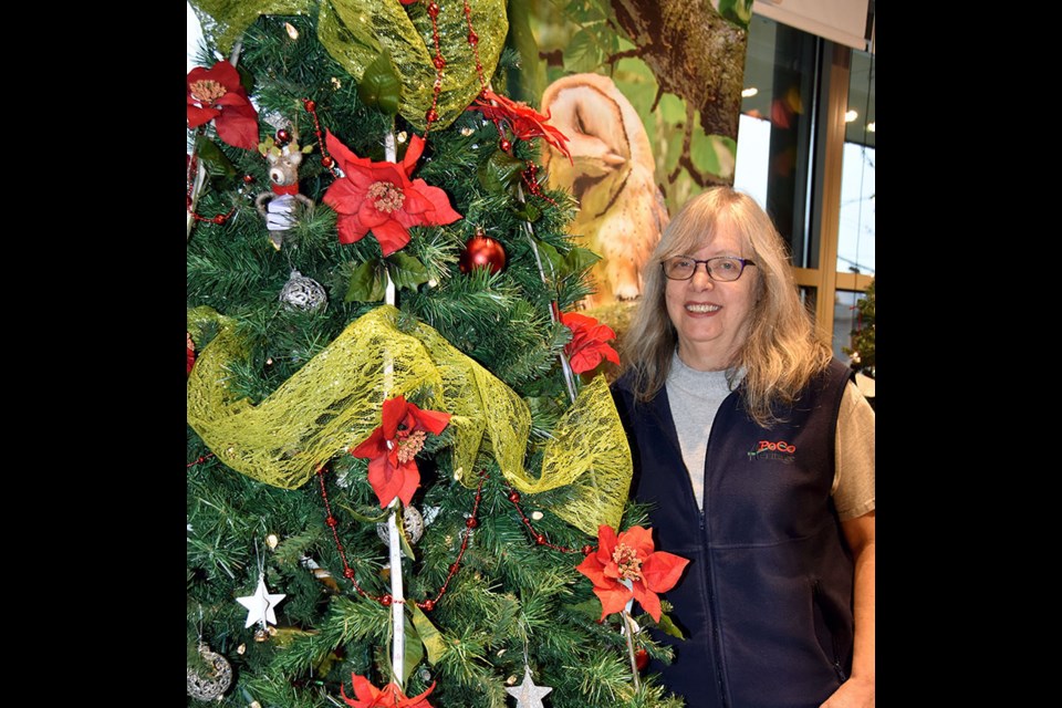 Linda Sliworsky, president of the PoCo Heritage Society, with Port Coquitlam Trustee Michael Thomas' "technology" Christmas tree, located inside the PoCo Heritage museum on McAllister Avenue.