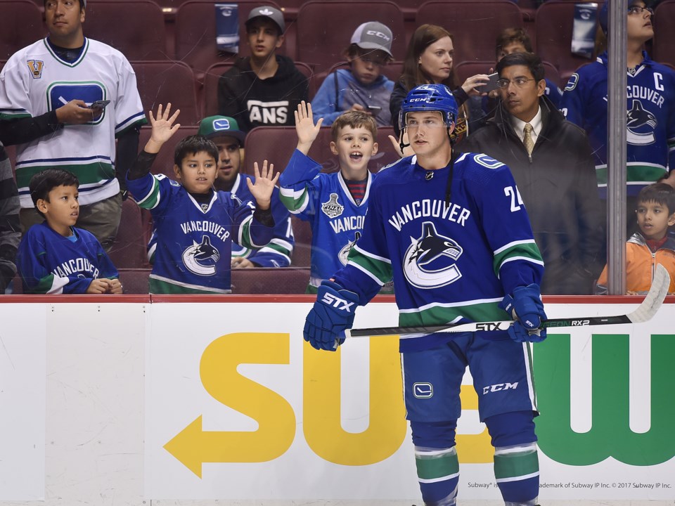 Reid Boucher in warmup with the Vancouver Canucks during the 2018-19 preseason.