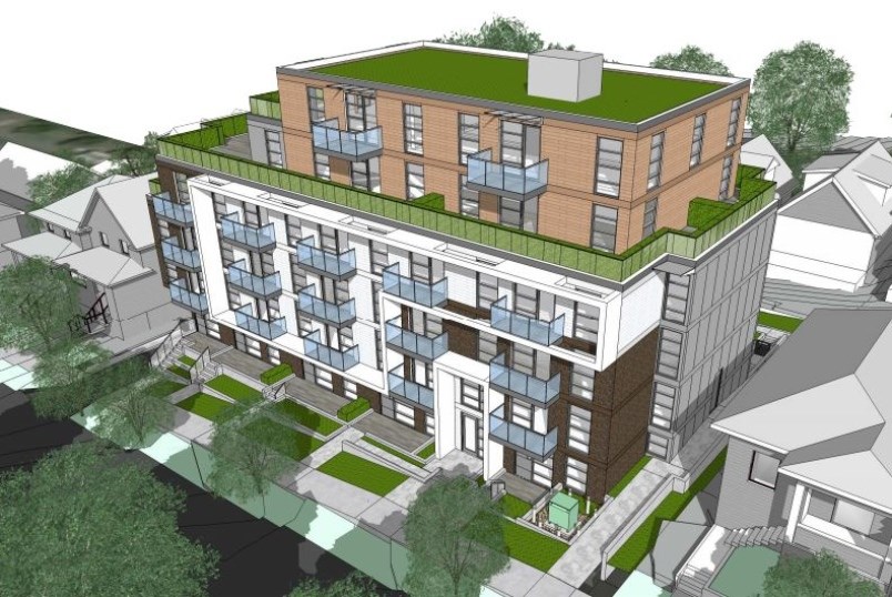 An aerial view of the proposed redevelopment from the southeast. Rendering Stuart Howard Architects