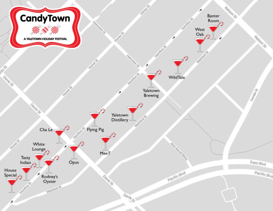 CandyTown Christmas Cocktail Tour map.