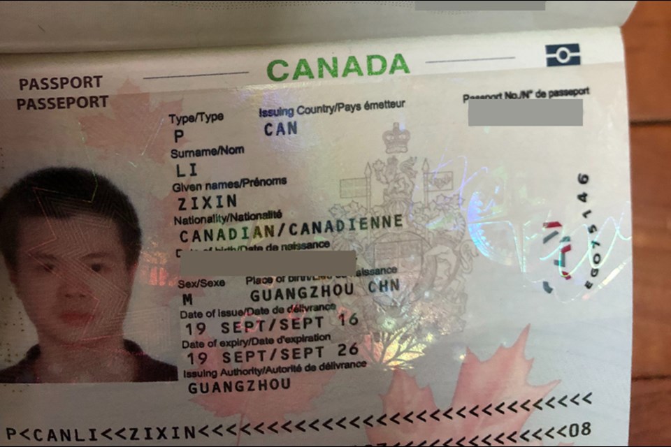 A copy of Zixin Li’s Canadian passport, provided by his family, shows that Li was issued the passport by the Canadian government in September 2016. Photo submitted