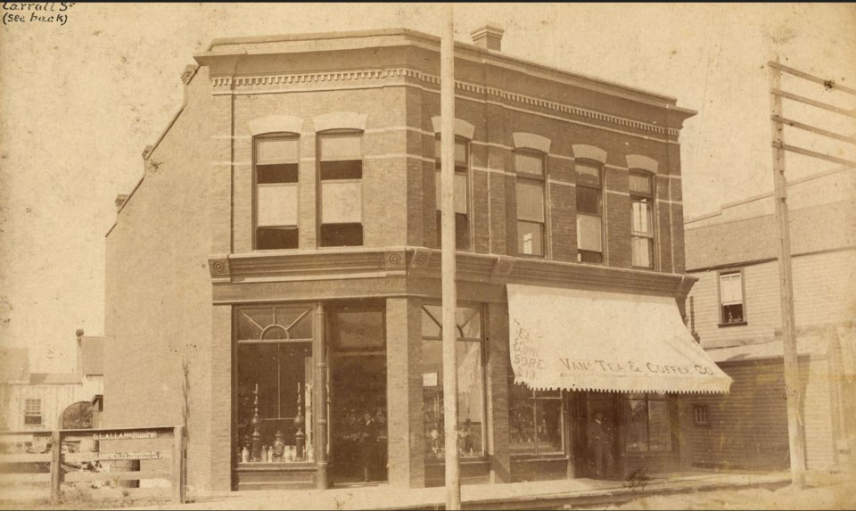 Esterior of the Vancouver Drug Company and the Vancouver Tea and Coffee Company on Carrall Street ne