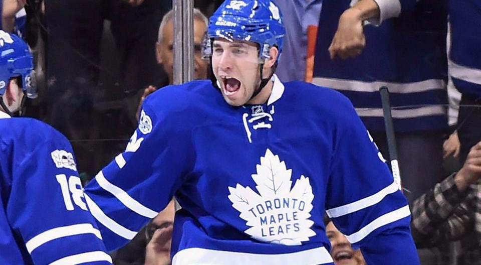 Josh Leivo celebrates a goal for the Toronto Maple Leafs.