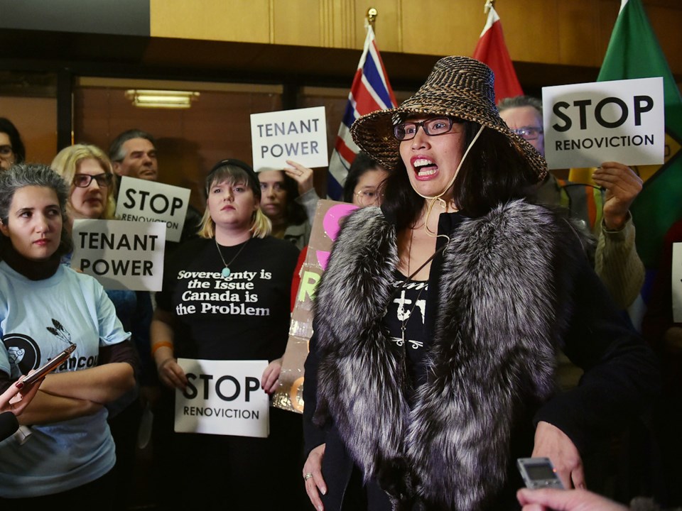 Dozens of renters gathered at city hall prior to the vote on the renovictions motion. Photo Dan Toul