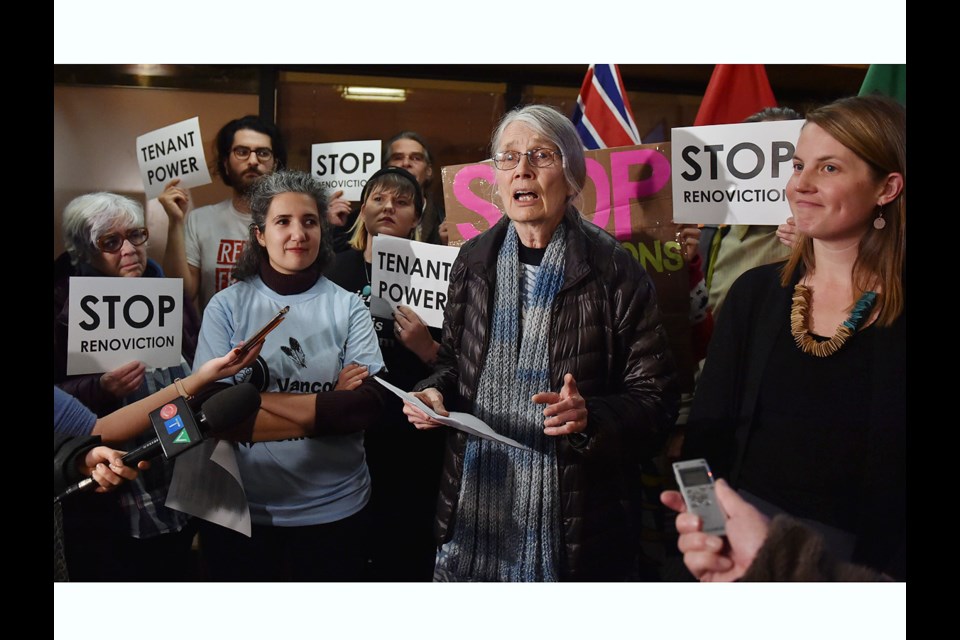 COPE Coun. Jean Swanson spoke to renters before the council vote on her renoviction motion. Photo Dan Toulgoet