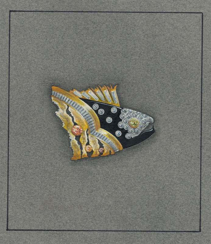Jane’s drawing of the fish head pin that won her a Diamonds International award in 1990.