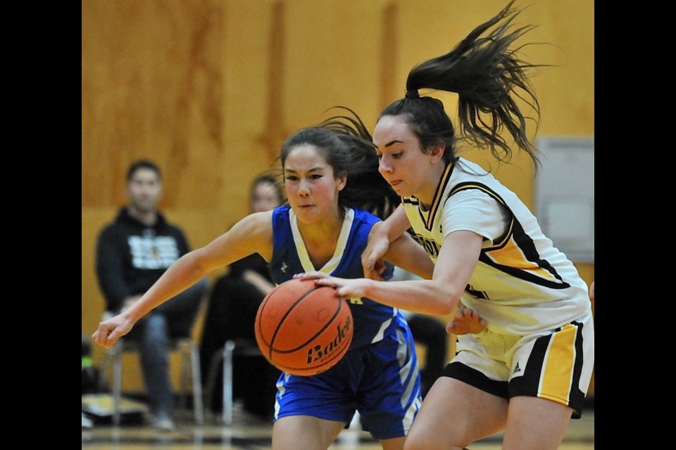 Boyd's Kara Moscovitz tries to fend of the check of McMath's Caitlin Bradley-Tse during Wednesday's senior girls basketball game. The Trojans hung tough with the Wildcats, eventually falling 72-54.