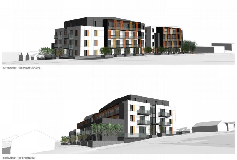 A revised rezoning application for a site on Renfrew Street in East Vancouver includes changes to height and massing. The project goes before the Urban Development Panel Dec. 12. Renderings GBL Architects Inc.
