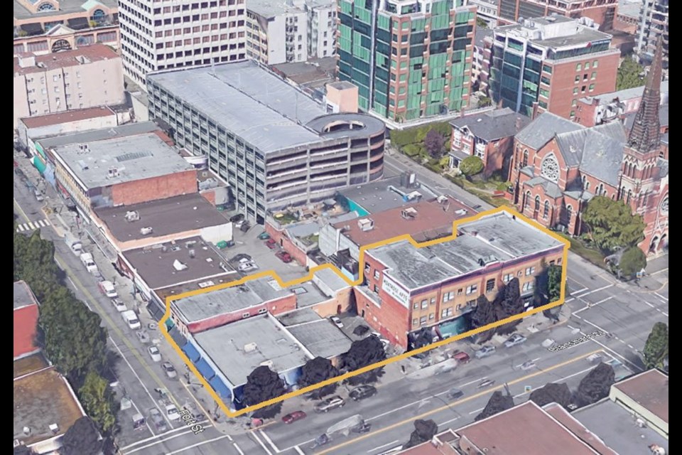 Within the yellow outline are the Monk Office supply building, on the left, and the Montrose Building, which was constructed in 1912.