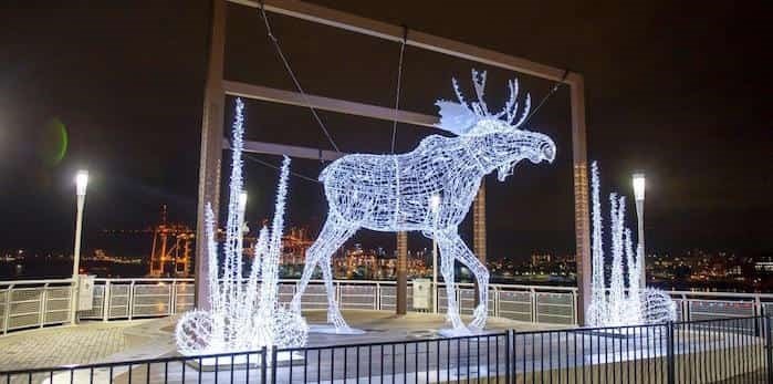 An illuminated “Chrismoose” oversees the Christmas activities at Canada Place.