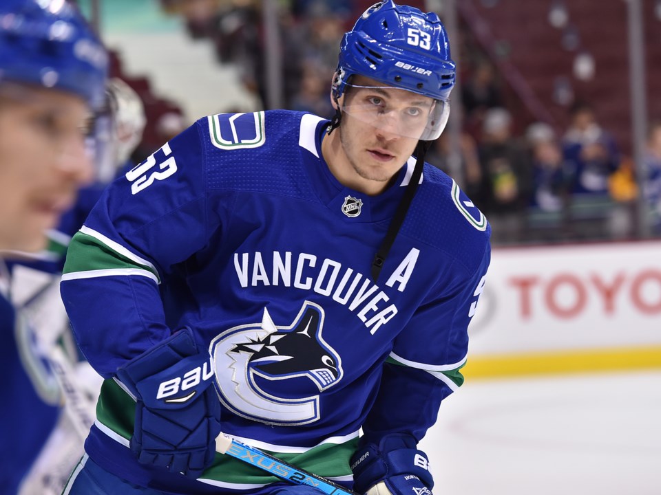 Bo Horvat skates by the Canucks bench.