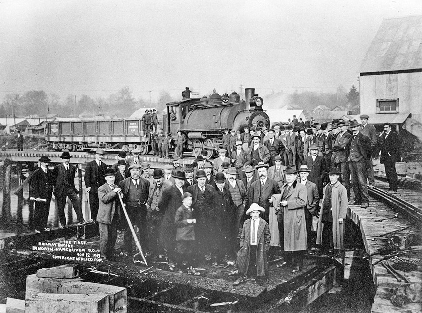 Pacific Great Eastern No. 2, the railway’s first locomotive, is almost ready for service as it stands behind a crowd gathered to welcome it on the North Vancouver waterfront, Nov. 12, 1913. It had been shipped on a barge from Squamish, where it had worked since 1910 for the Howe Sound, Pemberton Valley & Northern Railway.