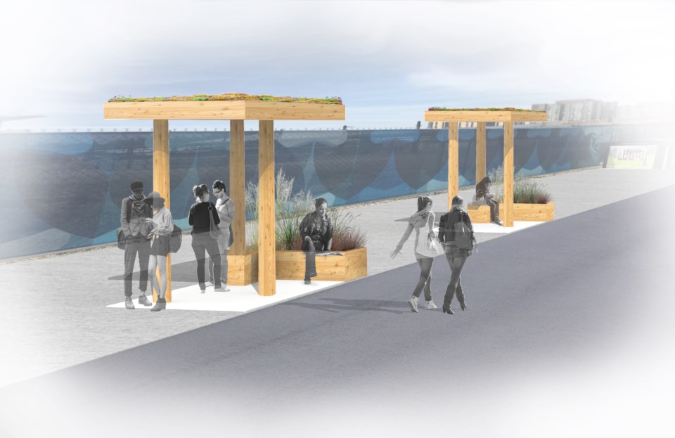 An artist’s rendering of a proposed “green roof” bus shelter at UBC. Illustration Karianne Howarth
