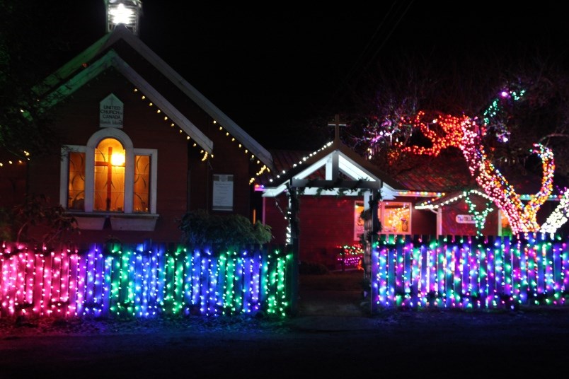 The Little Red Church, decorated with Yvonne McSkimming's lights.