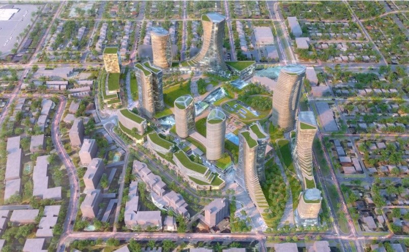 Aerial view looking north. Rendering Henriquez Partners Architects