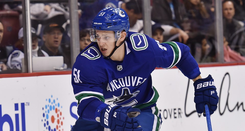 Troy Stecher skates after the puck for the Vancouver Canucks.