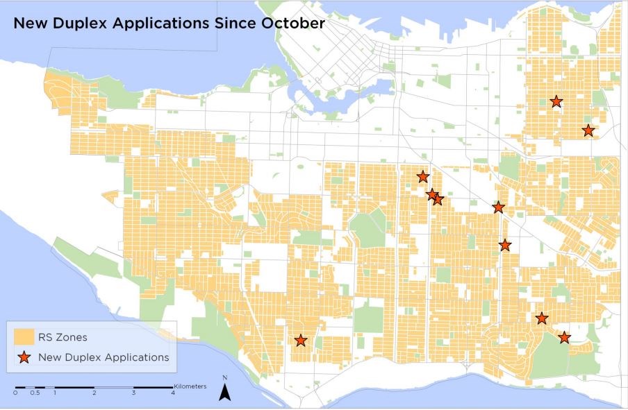 A map of the 11 applications for duplexes that have been received by the city so far.