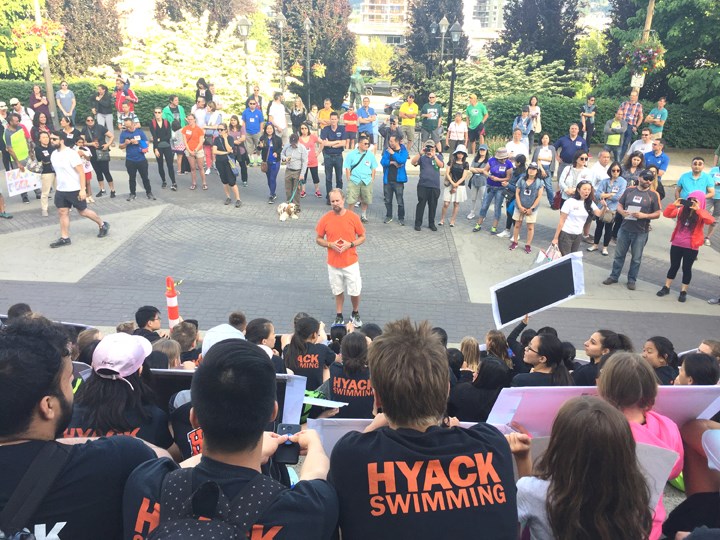 May: More than 200 people marched from Canada Games Pool to city hall, where they gathered on the front steps and repeatedly chanted “We want a 10-lane pool,” chants so loud they could be heard inside council chambers.