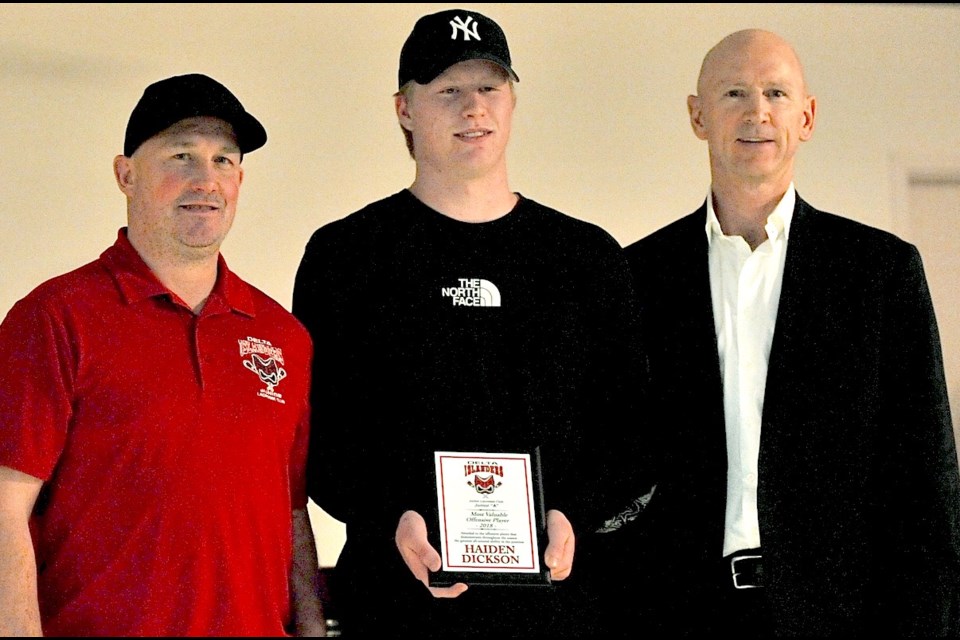 Haiden Dickson was presented with the offensive MVP and rookie-of-the-year awards by co-head coaches Kyle Goundrey (left) and Andy Ogilvie when the Delta Islanders held their annual awards banquet on Saturday night.