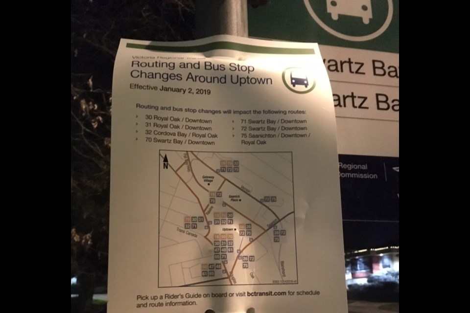 The bus route change notice posted at what B.C. Transit calls Vernon at Saanich. The Route 70 express bus to Swartz Bay ferry terminal will no longer stop here.