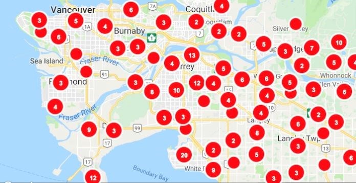 Screenshot taken just before 7 a.m. on Dec. 21 showing outages in Metro Vancouver (BC Hydro)