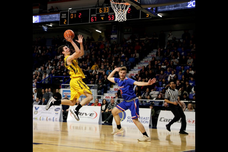 With laser-like accuracy, Burnaby South Rebels' Jusuf Sehic puts up another two points during the 2018 High School 4-A boys basketball championship final at the Langley Events Centre. The Rebels proved unstoppable, defeating Semiahmoo 80-72 for the school's first B.C. title since 1979.