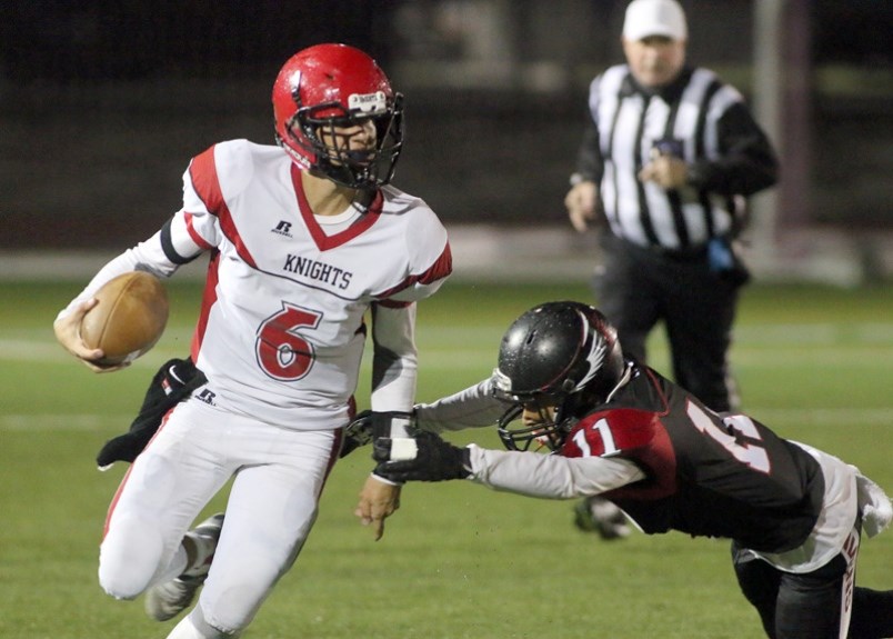 Burnaby native and St. Thomas More quarterback Dario Ciccone, shown in action against Terry Fox in 2017, spearheaded the team's march to the playoffs. While their run was halted by the eventual champion Mount Douglas Rams, the senior pivot was named the 2018 AAA MVP award.