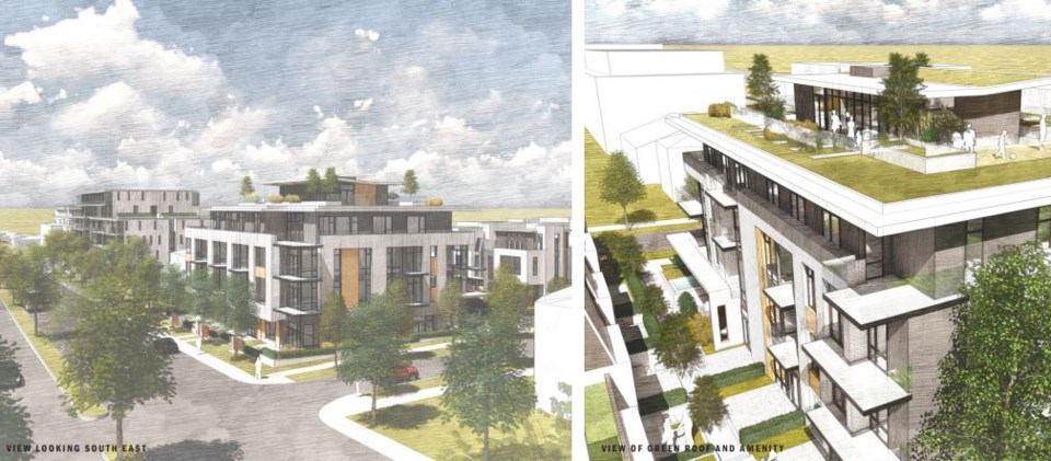 Left: View looking southeast. Right: View of green roof and amenities. Rendering RWA Architecture