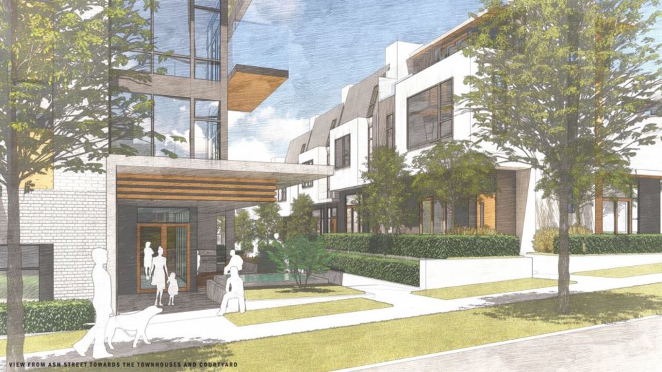 View from Ash Street towards the townhouses and courtyard. Rendering RWA Architecture