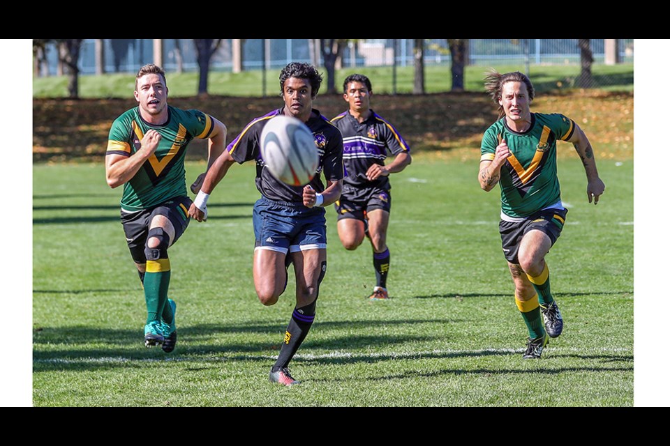 Darsha Thilakarathne of the Kamloops Raiders turns on the jets to retrieve the ball and score a try at Exhibition Park in September.