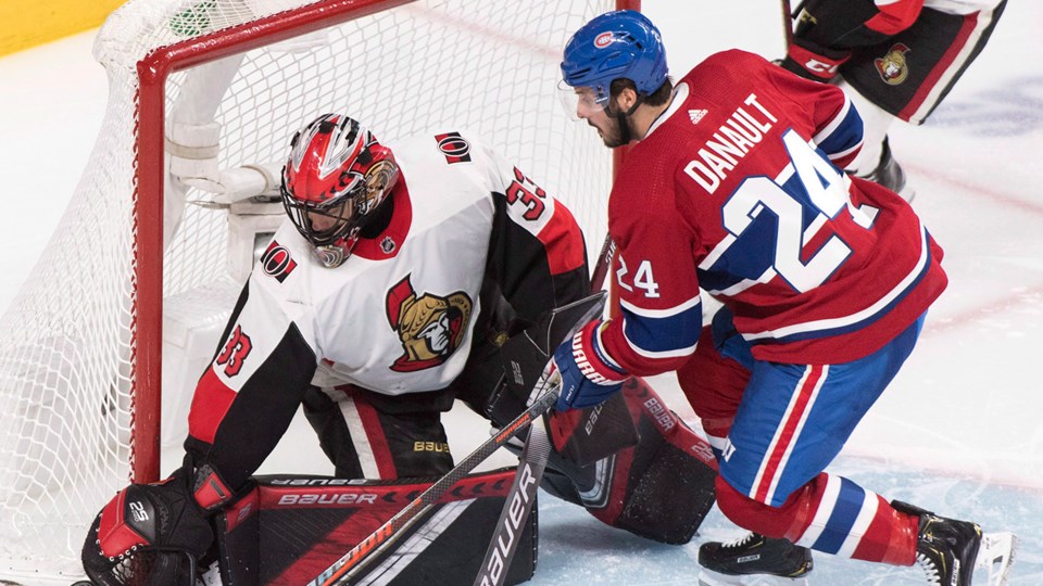 Mike McKenna tending goal for the Ottawa Senators.