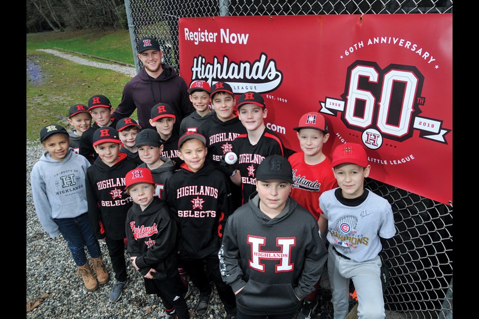 Major League pitcher Rowan Wick meets with members of Highlands Little League Saturday at Delbrook Park. Wick, who made his MLB debut with the San Diego Padres in 2018, got his start in the Highlands program. photo Paul McGrath, North Shore News