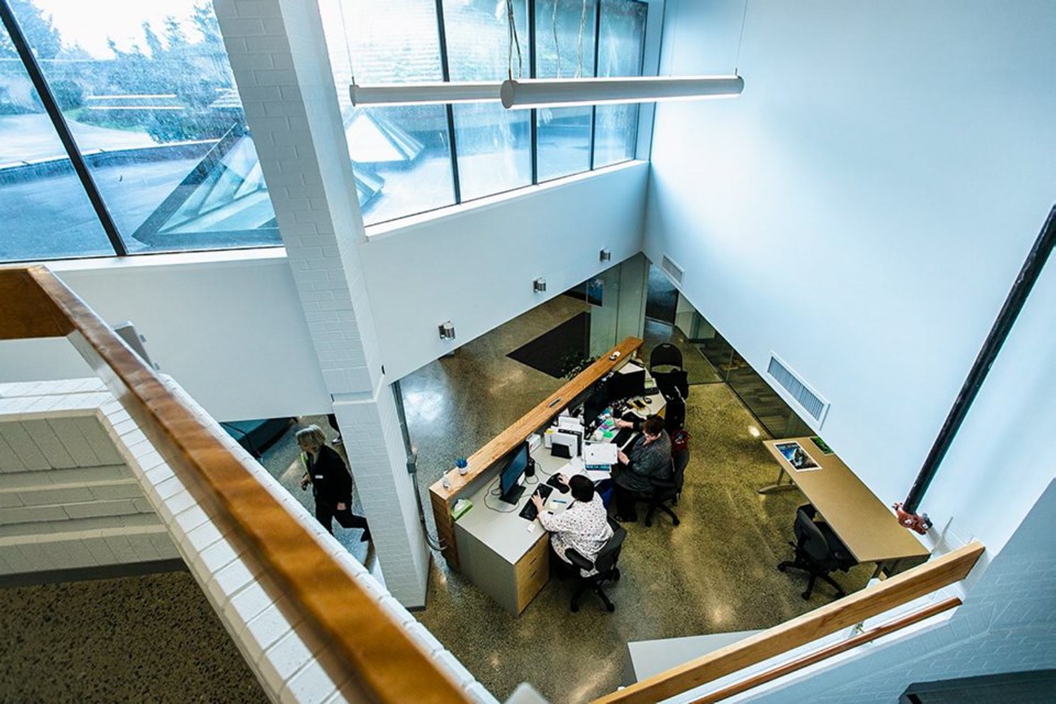 The atrium lobby is a focal point of the newly revamped Ocean-Climate Building at the University of Victoria's Queenswood property on Arbutus Road in Saanich.