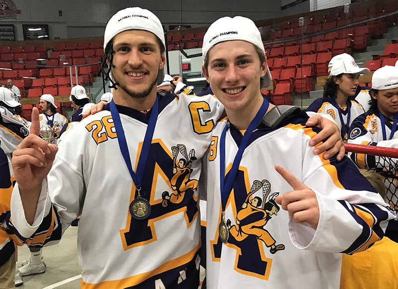 Luca Antongiovanni celebrated the Coquitlam Jr. Adanacs' Minto Cup win with team captain Reid Bowering before heading to Deerfield Academy prep school in Massachusetts where he was an all-star for the school's soccer team last fall and awaits the start of the spring field lacrosse season.