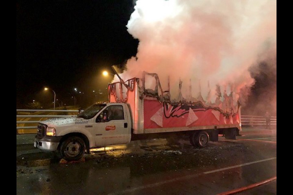 A doritos truck caught fire this morning on the Millstream overpass in Langford.
