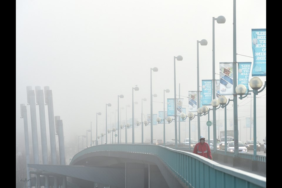 A strong inversion over the south coast has trapped an extensive area of fog over the Strait of Georgia and surrounding areas, says Environment Canada. Photo Dan Toulgoet