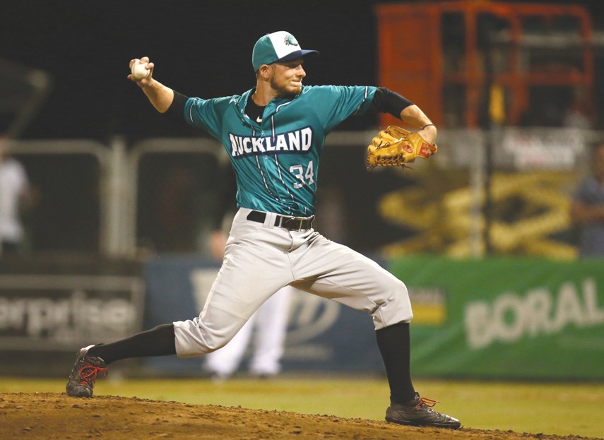 North Vancouver native Brandon Marklund fires a pitch for the Auckland Tuatara. Marklund has been joined on the first-year pro franchise by fellow North Van hurler Scott Richmond. photo supplied SMP Photography