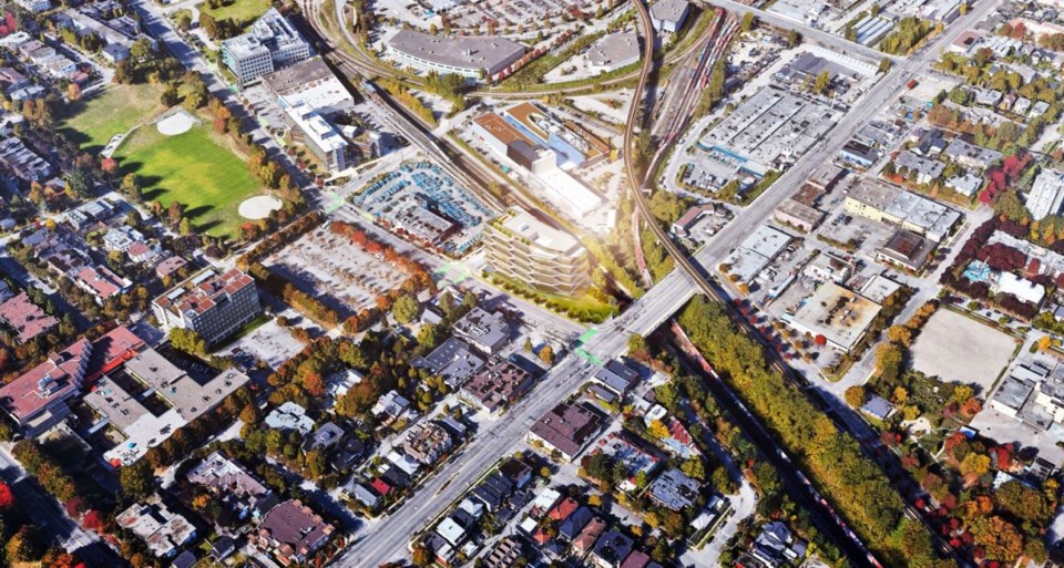 Aerial view of the proposed Nature's Path building and its surroundings.