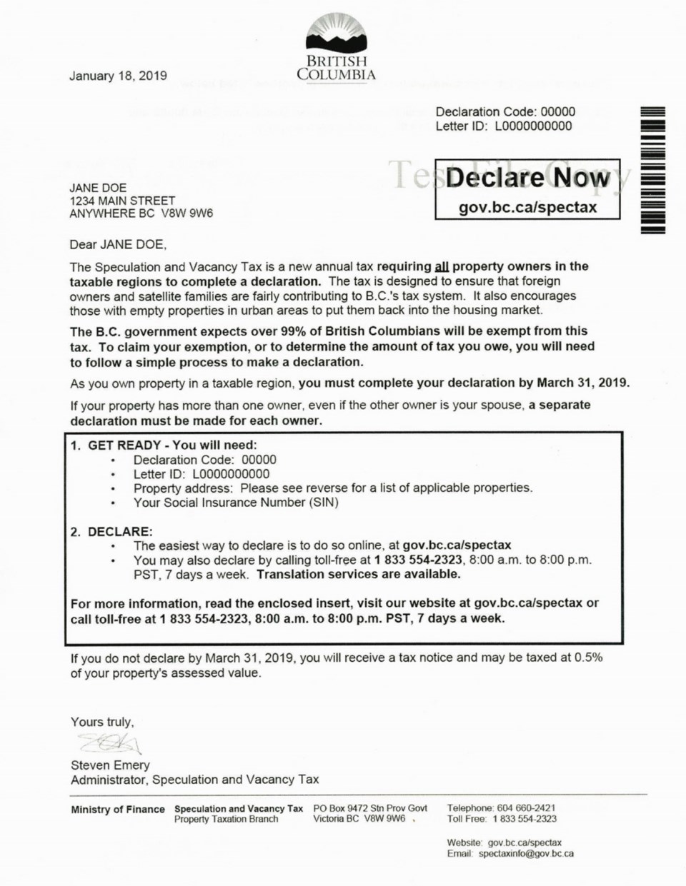 Sample of the Speculation and Vacancy Tax declaration form
