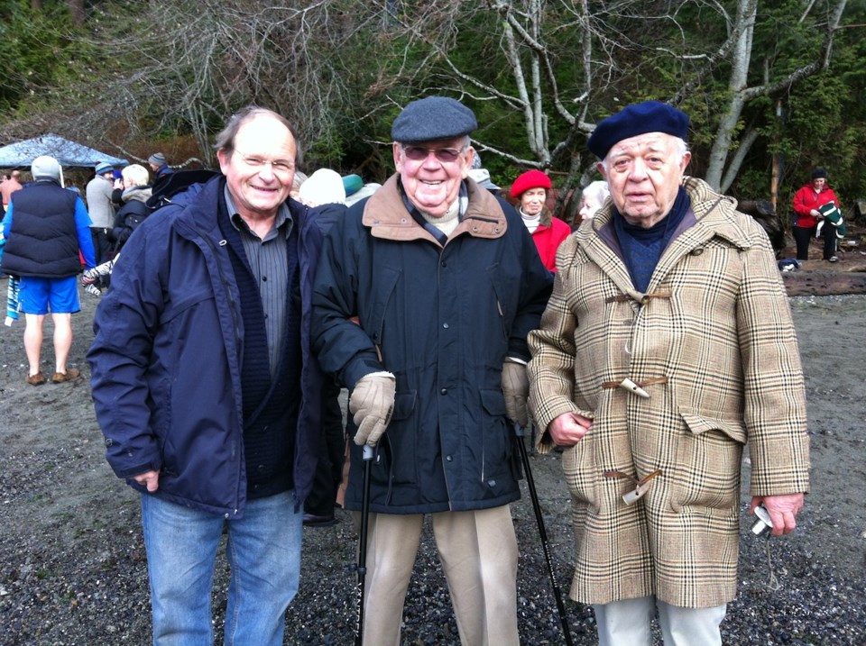 HC Behm, Frank (Robbie) Robertson and Ian Henley at the 2013 polar dip.