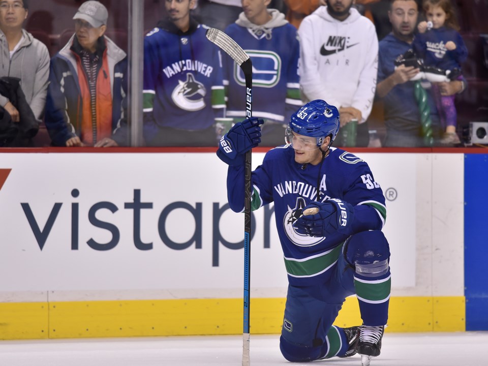 Bo Horvat takes a knee during warm-up with the Vancouver Canucks.