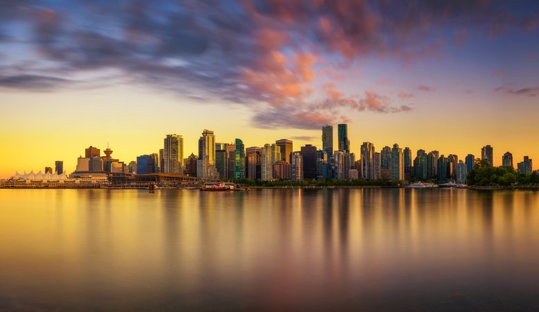 Vancouver skyline reflection sunset