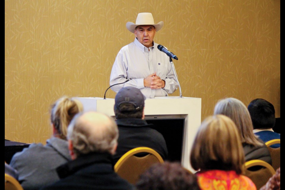 Blueberry River First Nation Chief Marvin Yahey speaks about his nation's treaty land entitlements to an audience in Fort St. John on January 25, 2019.