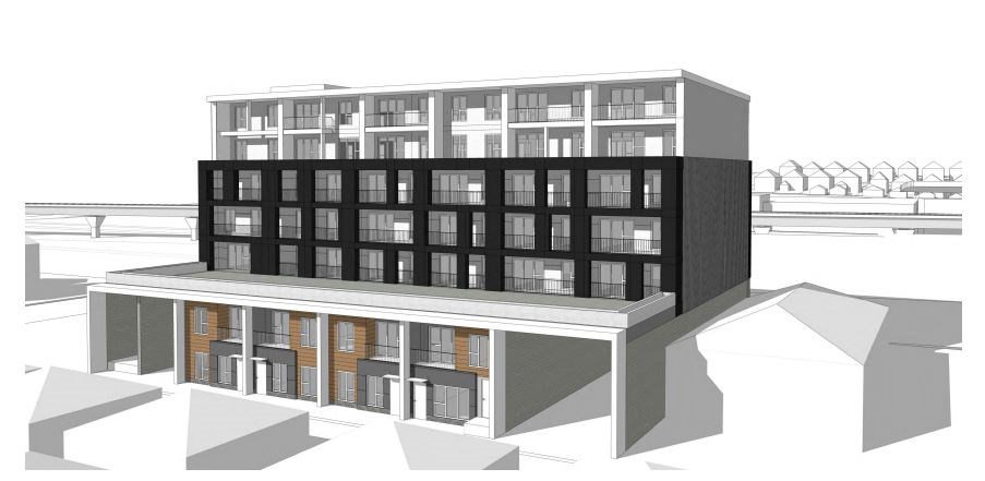 Rendering of south facade from lane/neighbouring properties on 14th avenue.