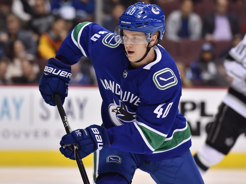 Elias Pettersson skates up ice for the Vancouver Canucks.