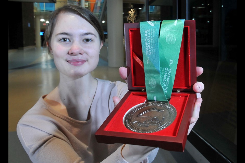 Long-time Shasta trampoline gymnast Tamara O'Brien shows off the bronze medal she received at the 33rd world trampoline gymnastics championships in St. Petersburg, Russia. Retired because of a cancer diagnosis in 2017, O'Brien was surprised when the Canadian team presented her with a medal it won in the team competition.
