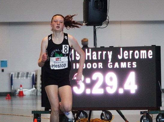 Royal City's Christina Heslop place second in the 1000m race of under-18 women at the Harry Jerome Indoor meet.