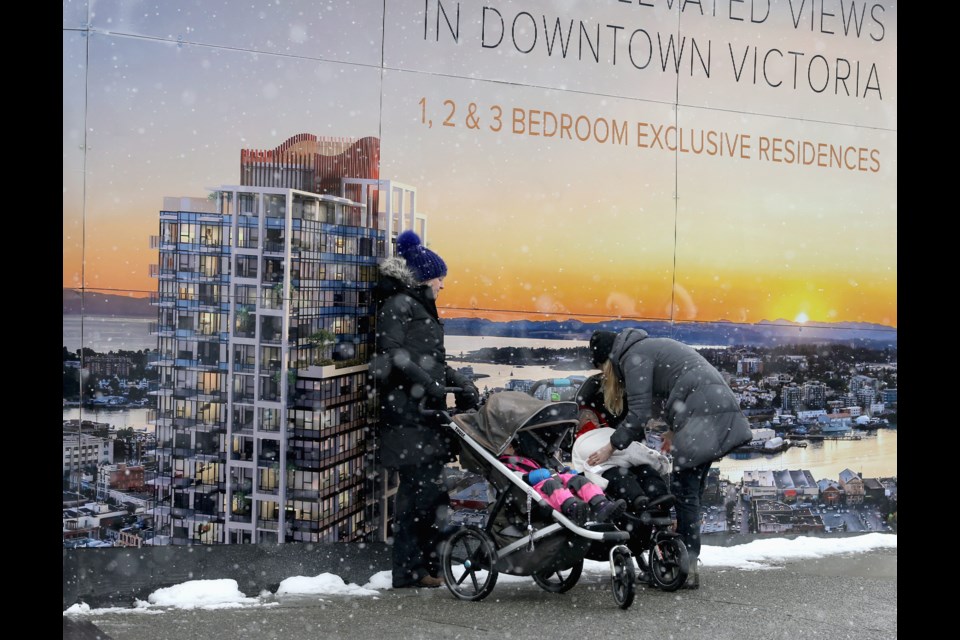 Two mothers, Becky Moore, left, and Maggie Besier bundle up their children, Zelma and Nico, respectively, in front of a billboard at the Hudson site at Blanshard and Fisgard streets.