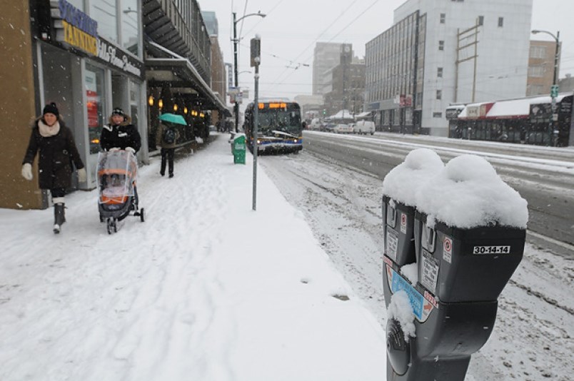 Expect a slower commute today on public transit due to snow.