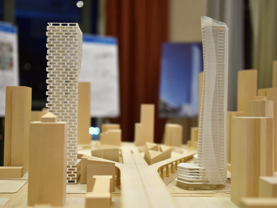 This model shows both “Granville Gateway” towers — Vancouver House is on the left, while the tower p